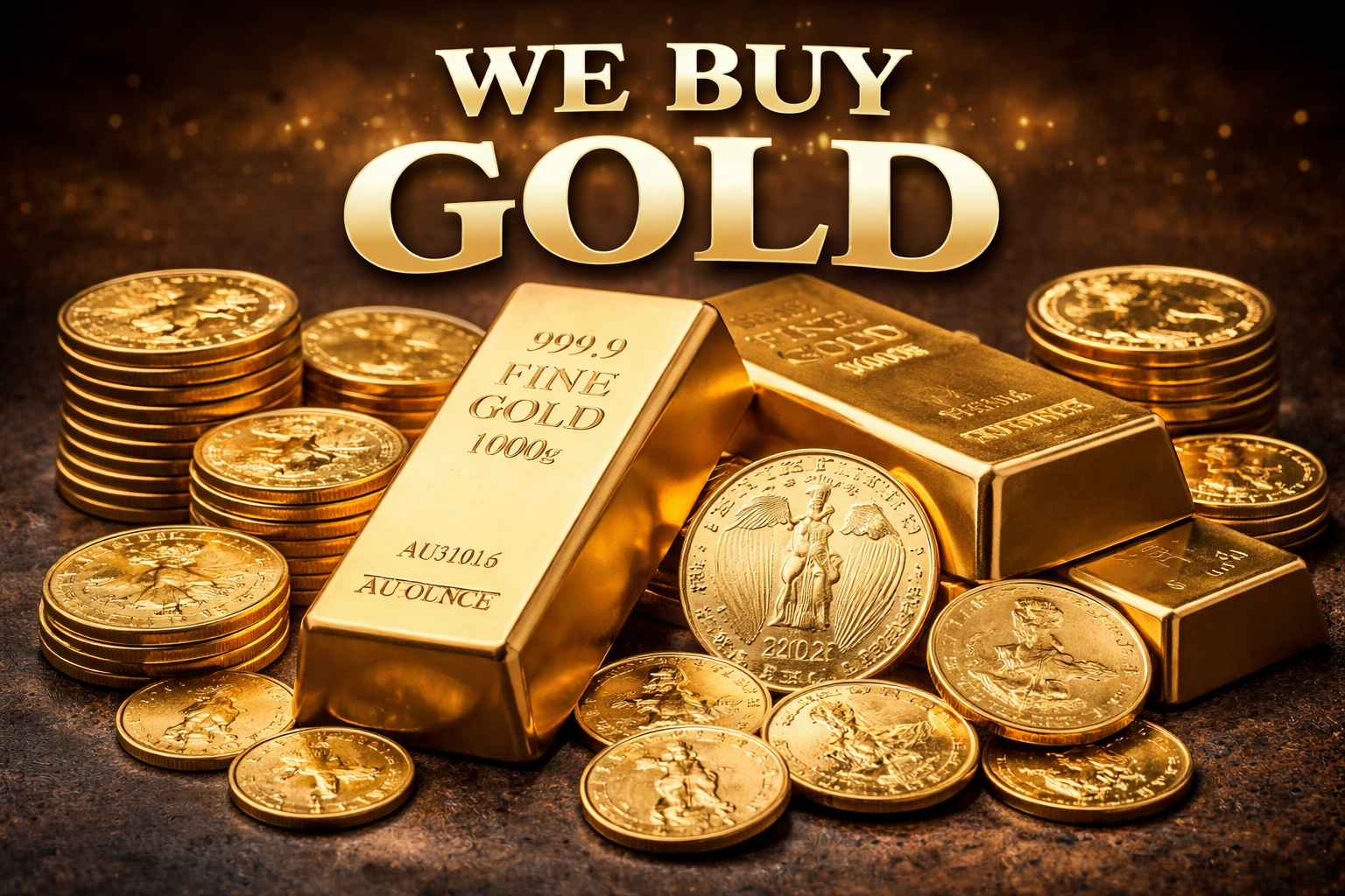 We buy gold advertisement featuring gold bars and gold bullion coins including collectible and investment gold coins on a dark luxury background