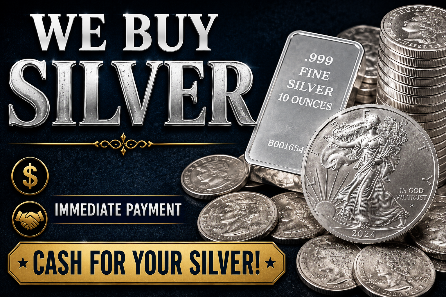 We Buy Silver advertisement featuring silver coins, silver bars, and bold text promoting cash for silver at Jurupa Coin & Jewelry