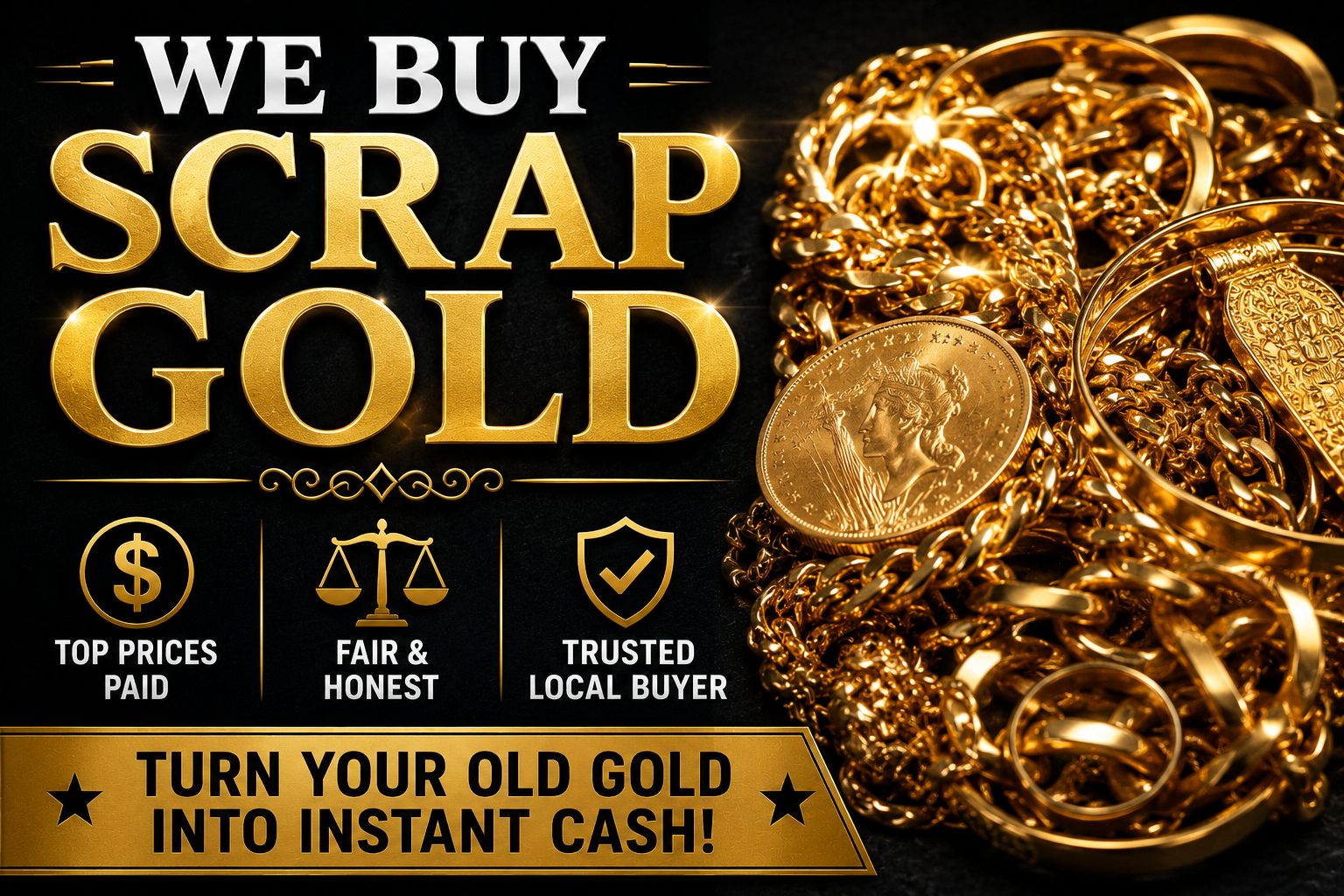 We buy scrap gold advertisement featuring gold jewelry, coins, and bold text offering cash for old gold