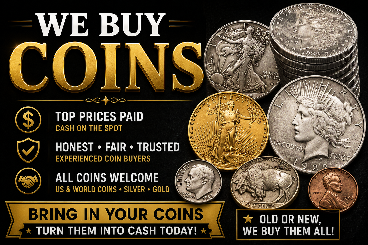 We Buy Coins advertisement featuring gold and silver collectible coins, including rare coins, U.S. coins, and world coins for cash