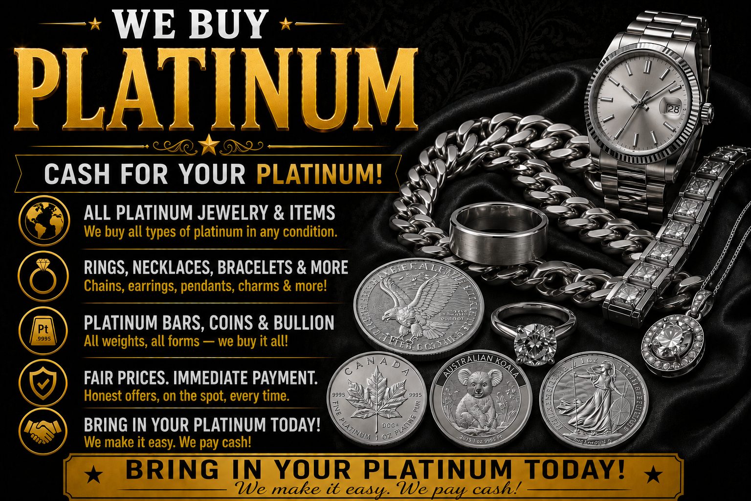 We Buy Platinum advertisement featuring platinum jewelry, watches, rings, chains, and platinum coins with black and gold promotional design