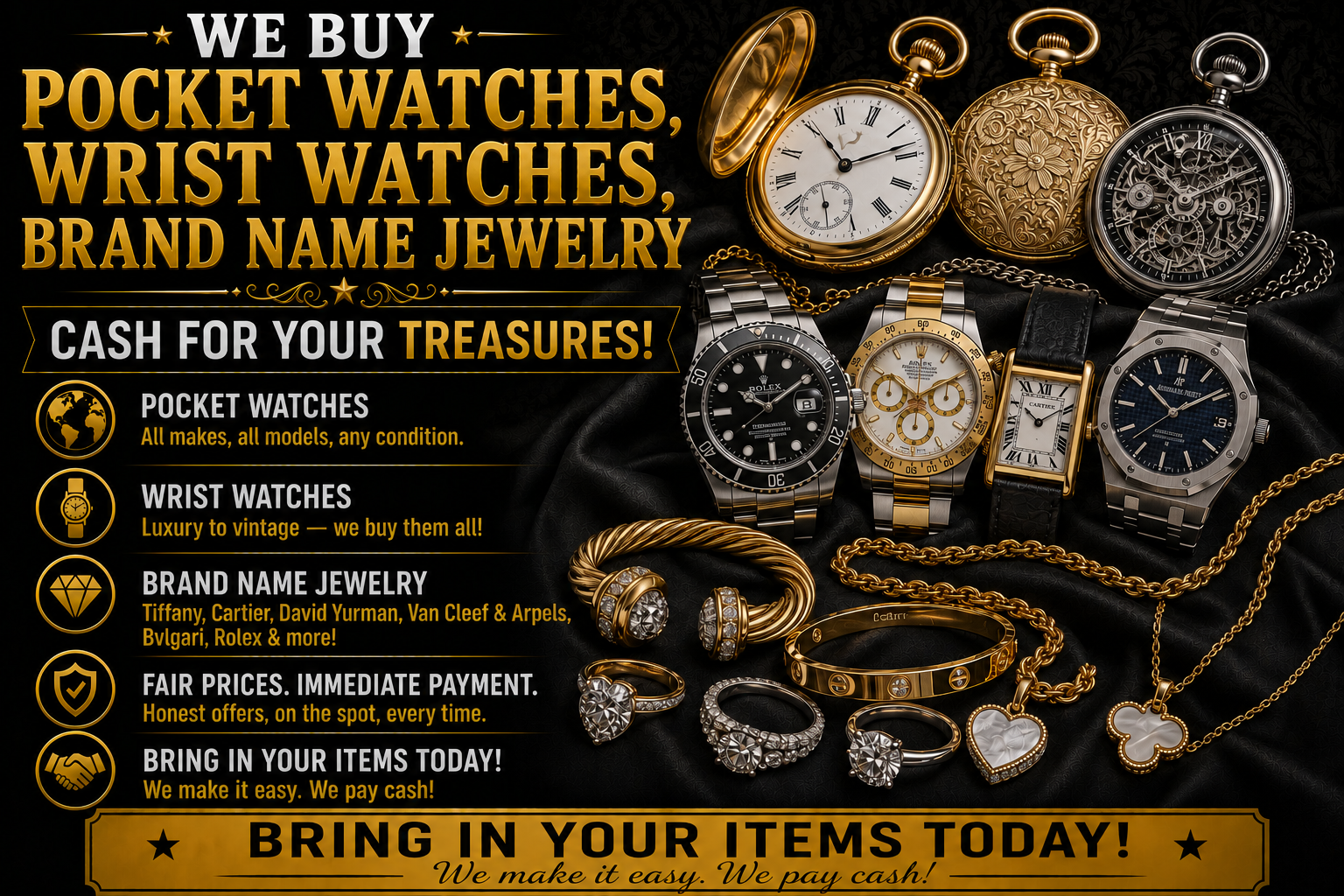 We buy pocket watches, wrist watches, and brand name jewelry advertisement featuring luxury watches, gold jewelry, diamond rings, necklaces, and pocket watches