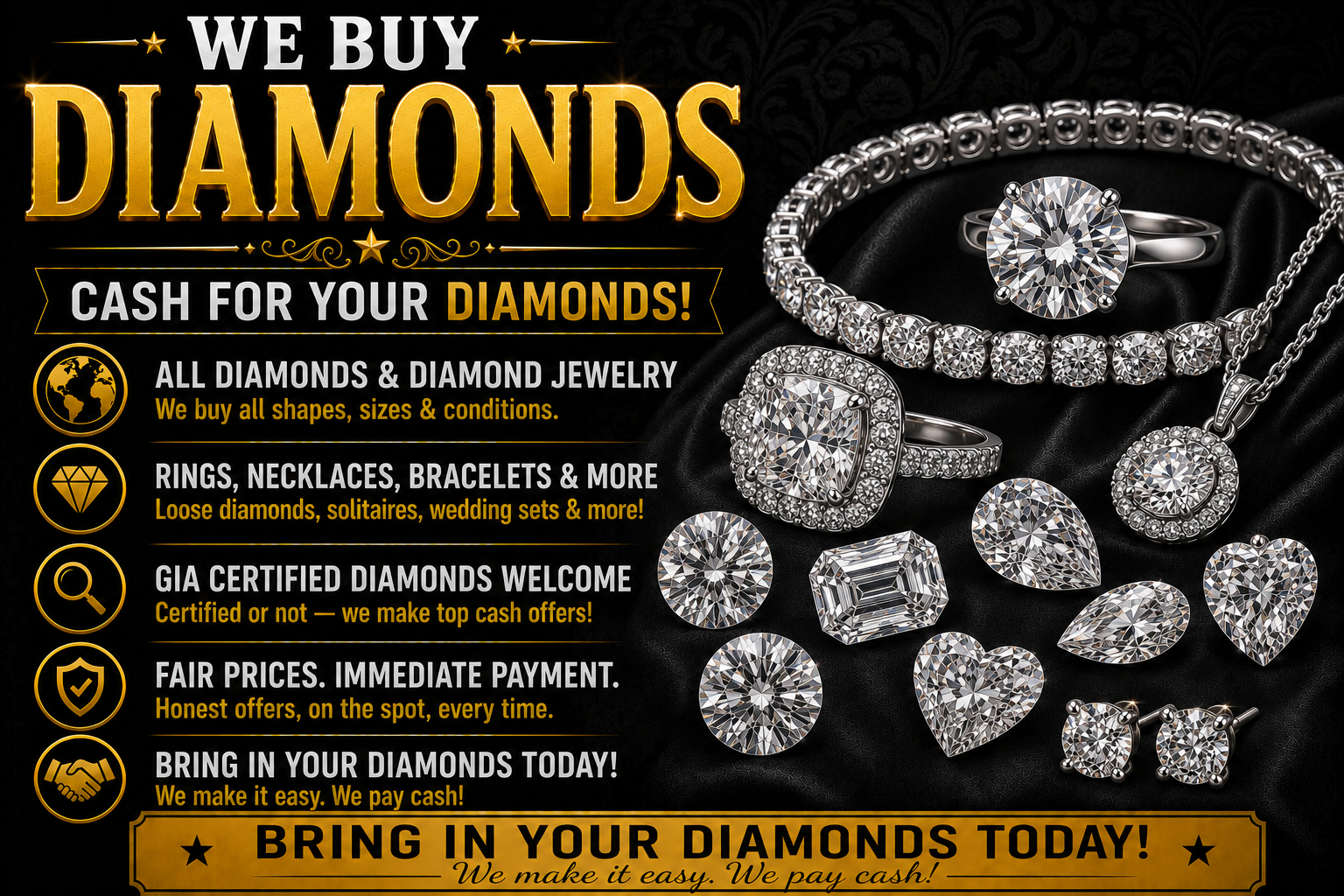 We Buy Diamonds advertisement featuring diamond rings, loose diamonds, necklaces, and bracelets with a black and gold luxury design
