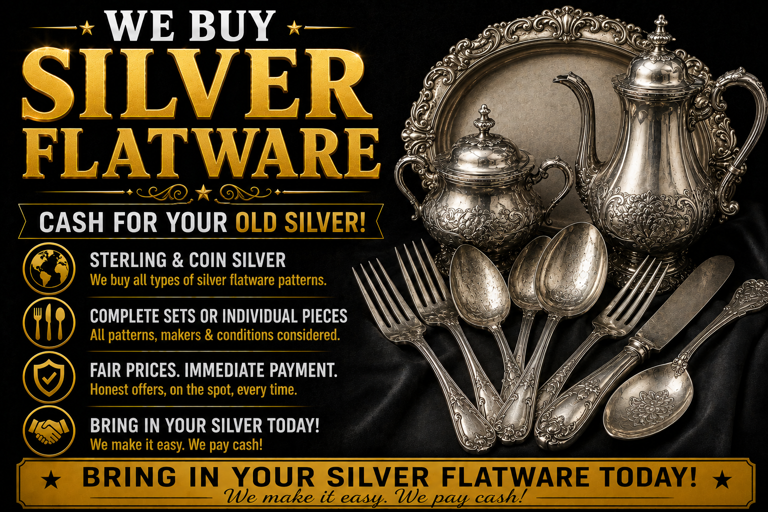 We buy silver flatware advertisement featuring sterling silver forks, spoons, knives, teapot, and serving tray with cash-for-silver message
